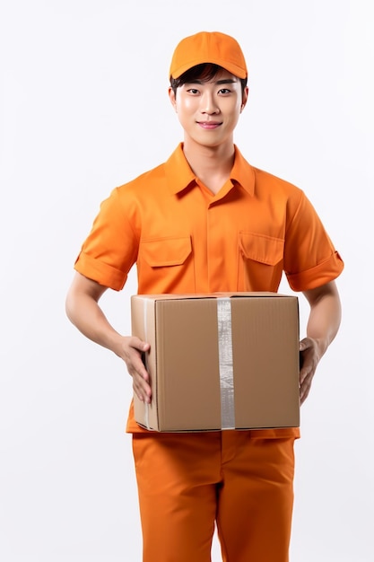 주황색 유니폼을 입은 소포 배달 회사의 귀여운 아시아 남자 직원