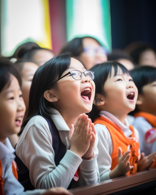 Cute asian school kids clapping their hands in the classroom