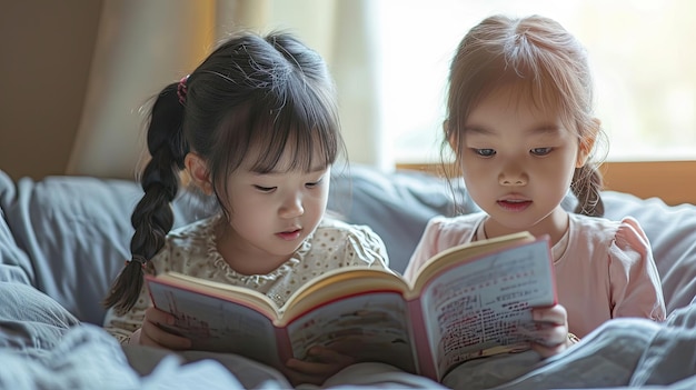 写真 家で本を読んでいるかわいいアジアの兄弟の女の子