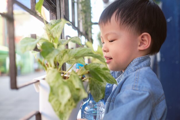 Милый азиатский ребенок мальчика малыша имея потеху используя воду бутылки брызга