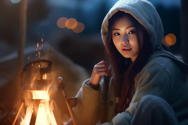 かわいいアジアの女性が夜の屋外キャンプファイヤー