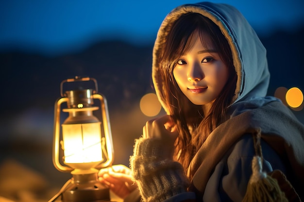 cute asian woman outdoors campfire at night