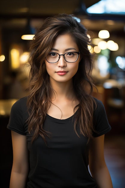 A cute Asian woman wearing glasses and a black blank T shirt Generative AI