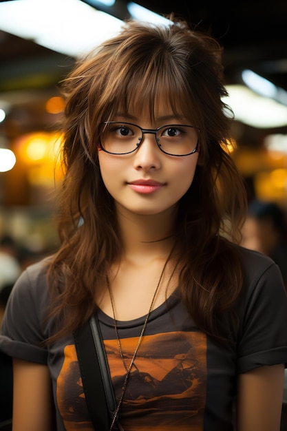 A cute Asian woman wearing glasses and a black blank T shirt Generative AI