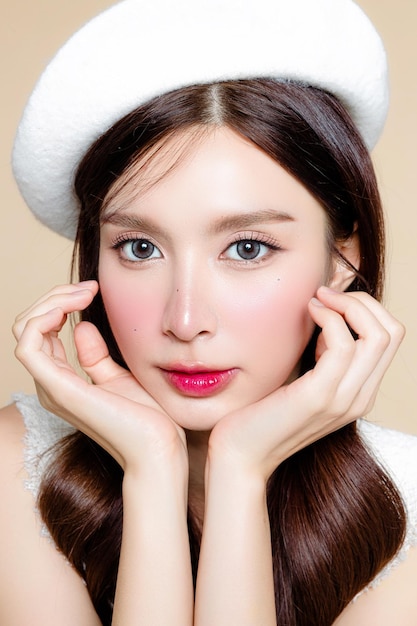 Cute asian woman with perfect clear fresh skin pretty girl\
model wearing white beret and natural makeup on beige background\
cosmetology beauty and spa wellness plastic surgery