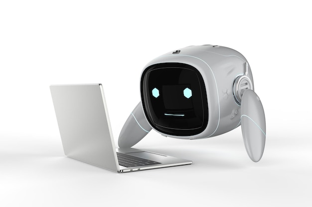 Cute assistant artificial intelligence robot no leg with computer notebook