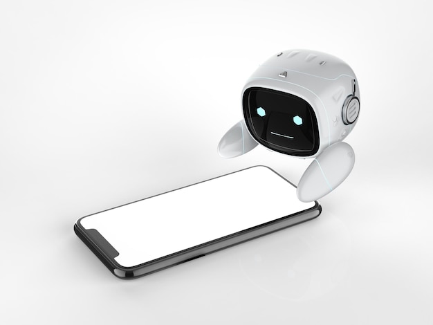 Photo cute assistant artificial intelligence robot no leg with mobile phone