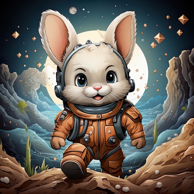 Cute astronaut bunny a bunny in space outfit in a rock in the style of highly detailed illustrations adventure themed Generative Ai