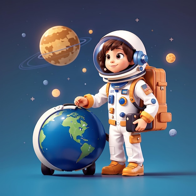 귀여운 우주비행사 사업 행성과 가방을 들고 만화 터 아이콘 일러스트 과학 평면