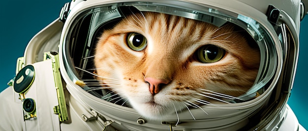 まっすぐ前を見つめるかわいい宇宙飛行士の猫
