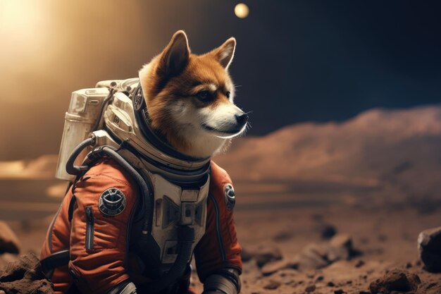 防護服を着て宇宙にいるかわいい宇宙飛行士の犬