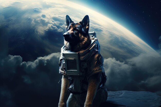 防護服を着て宇宙にいるかわいい宇宙飛行士の犬