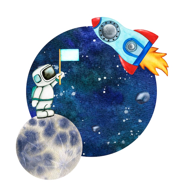 cute astronaut and flag in space on the moon and rocket watercolor illustration of outer space with stars