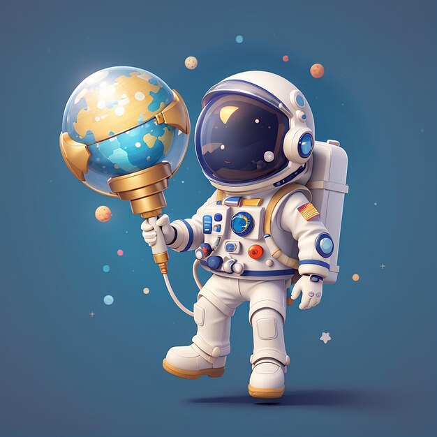 Photo cute astronaut floating with moon balloon and earth ice cream cartoon vector icon illustration science technology icon concept isolated premium vector flat cartoon style