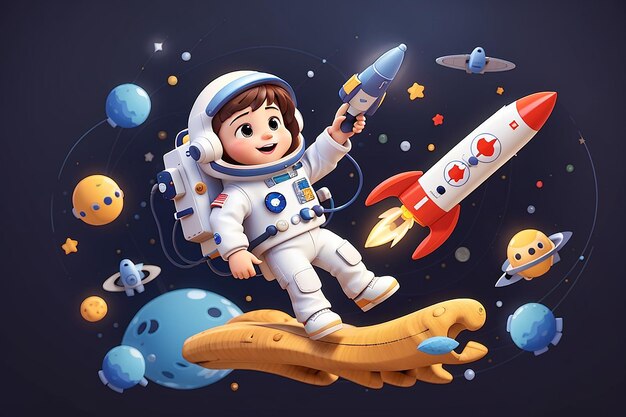 スペースでロケットと浮かぶ可愛い宇宙飛行士 カートゥーンベクトルアイコン イラスト 科学 テクノロジー アイコンコンセプト 孤立したプレミアムベクトルフラットカートゥーンスタイル