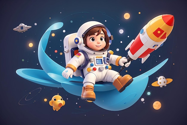 Милый астронавт, плавающий с ракетой в космосе Карикатура Векторная икона Иллюстрация Наука Технология Икона Концепция Изолированный Премиум Вектор Плоский Карикатурный стиль