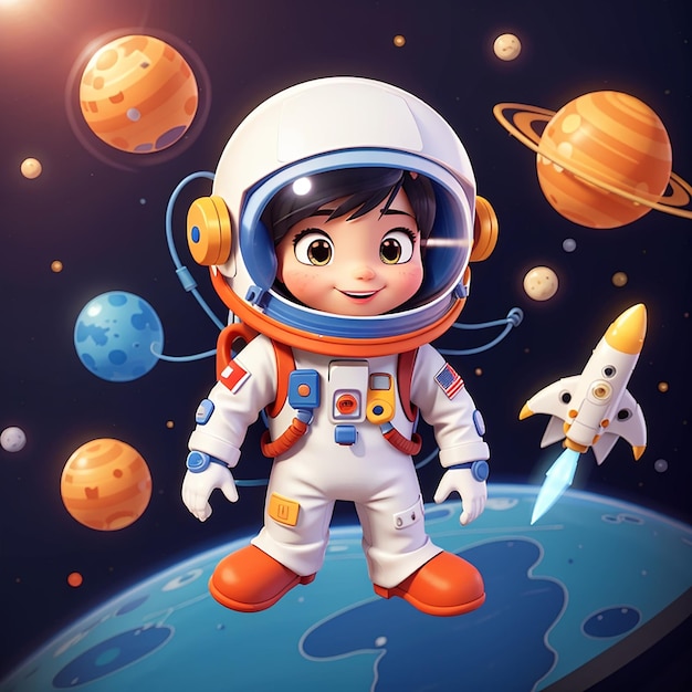 Cute astronaut floating with rocket in space cartoon vector icon illustration science technology