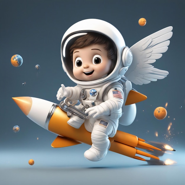 AI가 생성한 연필 로켓 만화를 가지고 비행하는 귀여운 우주 비행사