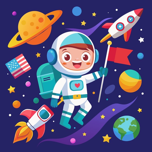 Cute astronaut flying with rocket and holding flag cartoon vector icon illustration science techno