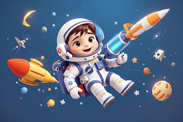 Милый астронавт, летящий с ракетой в космосе, мультфильм, векторная икона, иллюстрация, наука, технология, икона, концепция, изолированный премиум-вектор, плоский мультфільм.