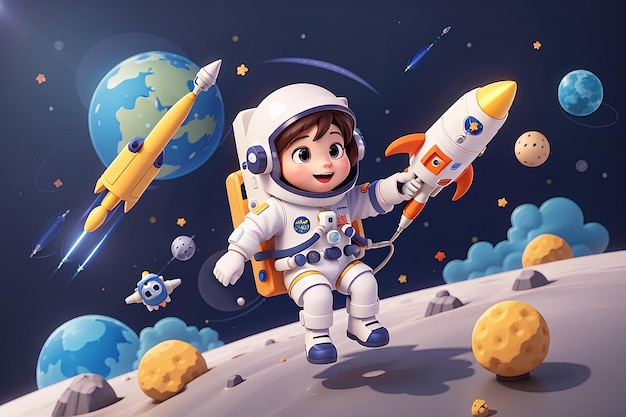우주 로켓을 타고 비행하는 귀여운 우주 비행사 만화 터 아이콘 일러스트 과학 기술 아이콘 개념 고립된 프리미엄 터 평면 만화 스타일