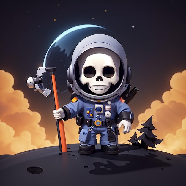 Cute astronaut grim reaper skull halloween cartoon vector icon illustration science holiday flat