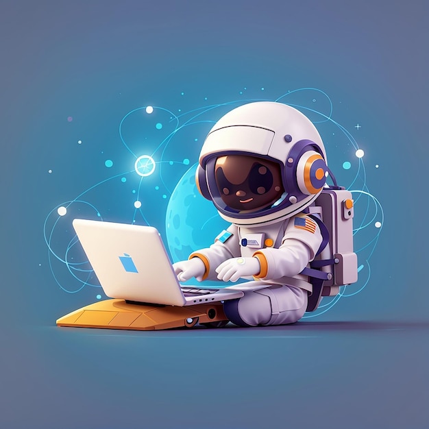 Photo cute astronaut hacker operating laptop cartoon vector icon illustration science technology icon concept isolated premium vector flat cartoon style