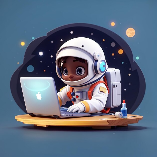 Cute astronaut hacker operating laptop cartoon vector icon illustration science technology isolated