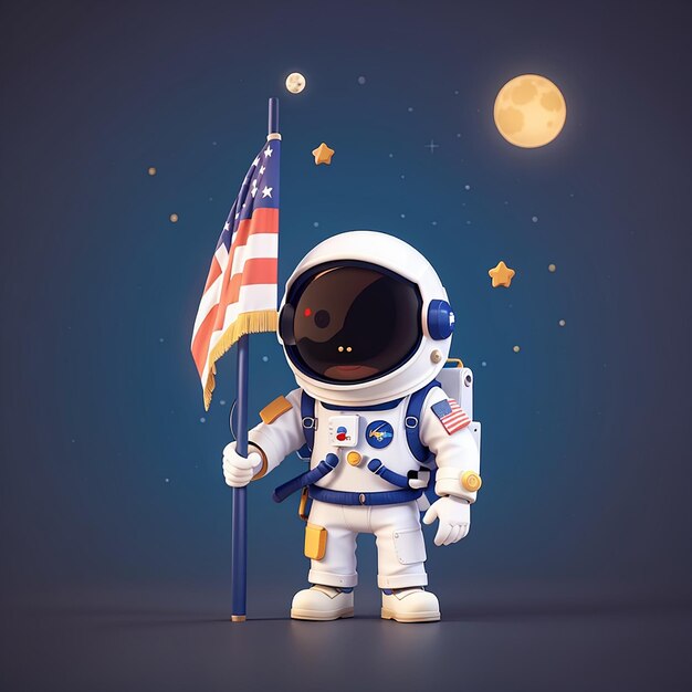 Cute astronaut holding moon flag cartoon vector icon illustration science technology isolated flat