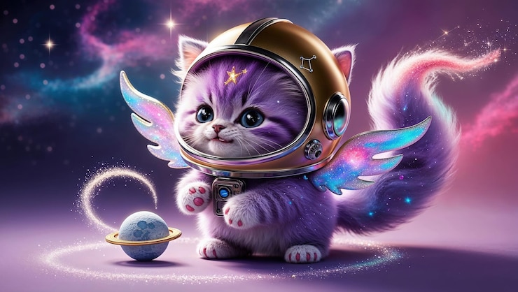 Photo cute astronaut kitten with galaxy wings in space