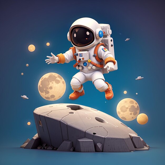 Photo cute astronaut parkour jump on moon cartoon vector icon illustration science technology isolated