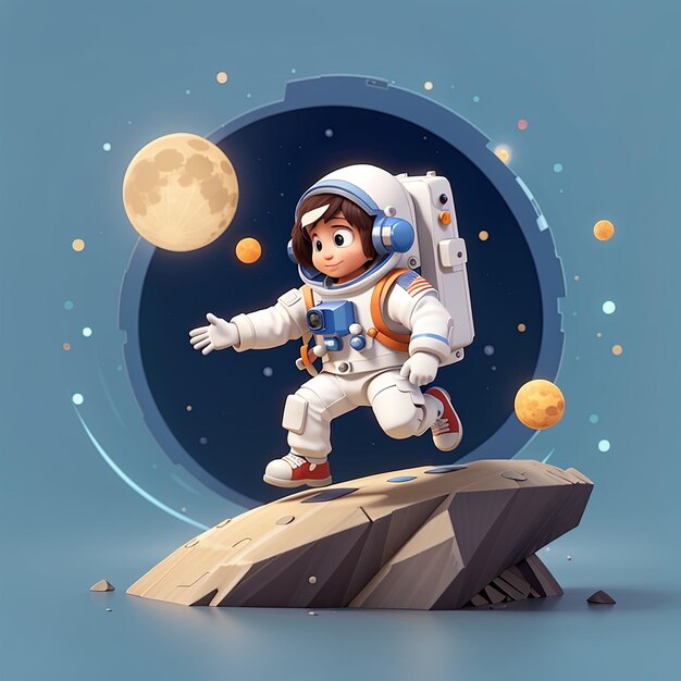 Cute astronaut parkour jump on moon cartoon vector icon illustration science technology isolated