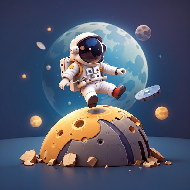 Cute astronaut parkour jump on moon cartoon vector icon illustration science technology isolated