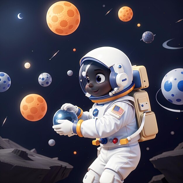 Cute Astronaut Playing Moon Ball in Space Cartoon Vector Icon Illustration Science Sport Isolated