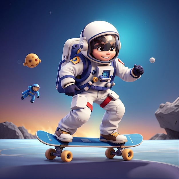 Cute Astronaut Playing Skateboard Cartoon Vector Icon Illustration Space Sport Icon Concept Isolated Premium Vector Flat Cartoon Style