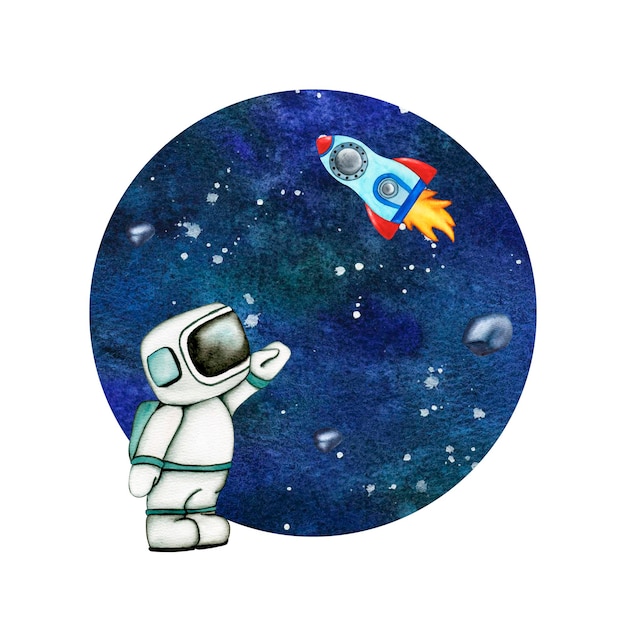 cute astronaut and rocket in space isolated on galaxy background watercolor illustration of outer space with stars