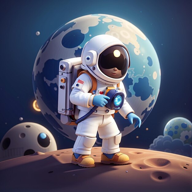 Cute astronaut searching location on moon cartoon vector icon illustration science technology icon