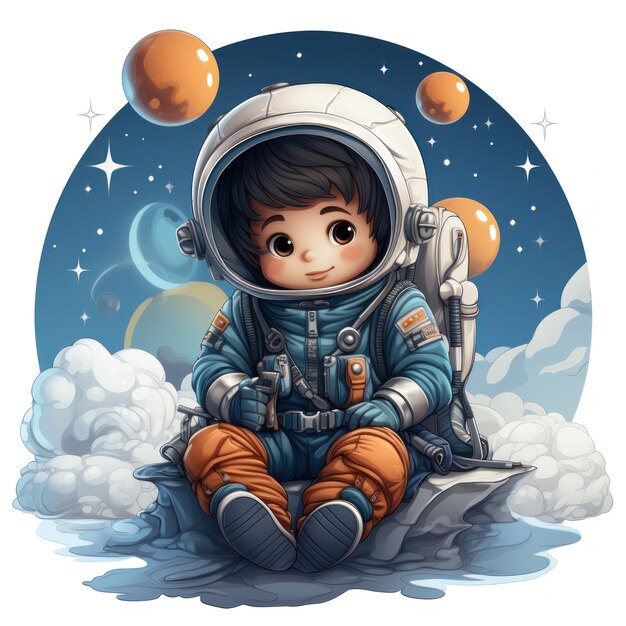 Cute astronaut sitting on a cloud and holding a heart