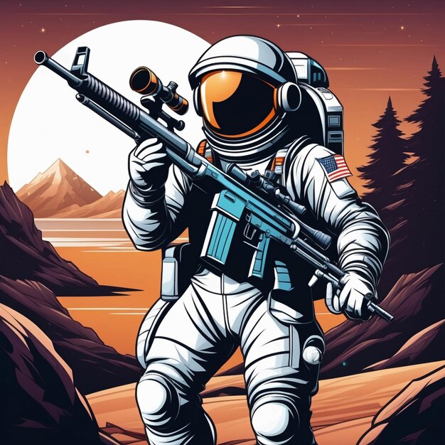 cute astronaut warrior military holding sniper gun