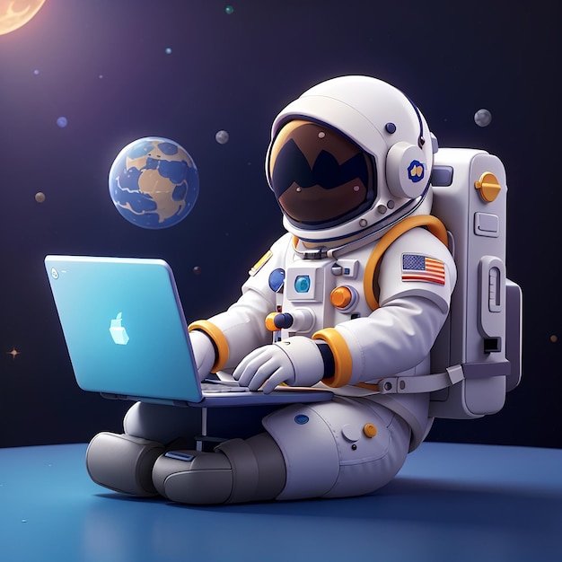 Foto astronauta carino che lavora sul portatile cartoon vector icon illustrazione scienza tecnologia icon concept isolato premium vector flat cartoon style