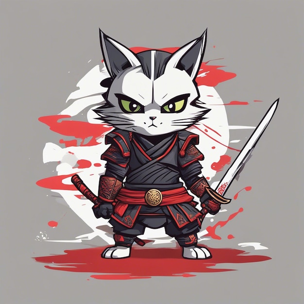 Foto un simpatico atteggiamento di gatti samurali guerrieri ninja con design di magliette con spada