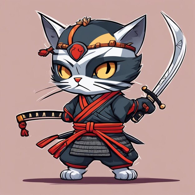 Foto un simpatico atteggiamento di gatti samurali guerrieri ninja con design di magliette con spada