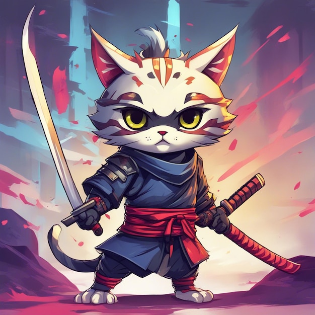 Photo a cute attitude cats samural warrior ninja cat with sword t shirt design