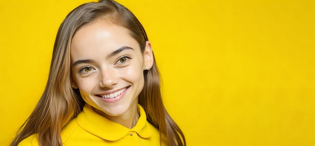 cute and attractive little girl with yellow background girl wearing yellow shirt copy space