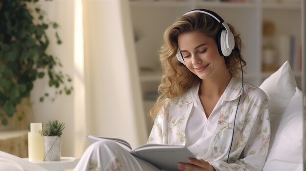 Photo cute and attractive young woman using headphones