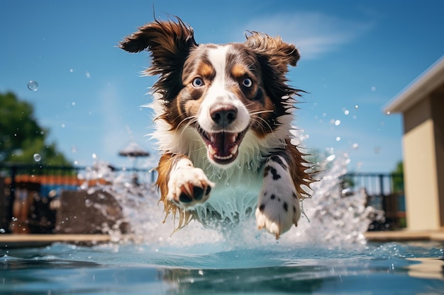 Cute Australian shepherd dog jumping into a swimming pool on a sunny day