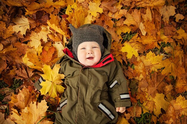 Cute Autumn Child on Fall Yellow Leaves top view