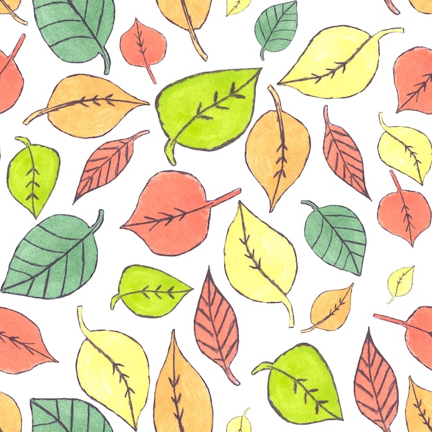 Фото Симпатичные осенние разноцветные акварельные каракули листья на белом фоне геометрический узор 01
