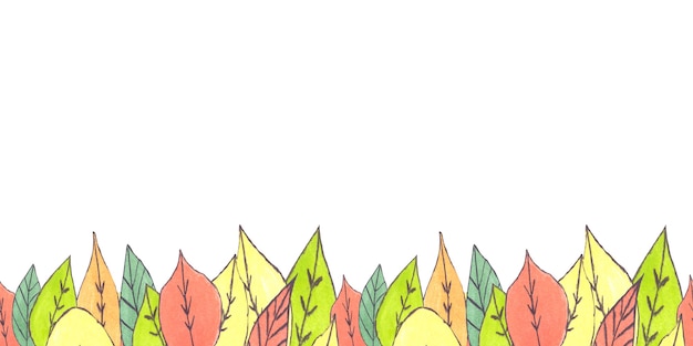 Cute autumn multicolored watercolor doodle leaves on white background geometric seamless border 03