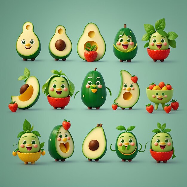 Photo cute avocado family cartoon vector icon illustration fruit love icon concept isolated premium vector flat cartoon style